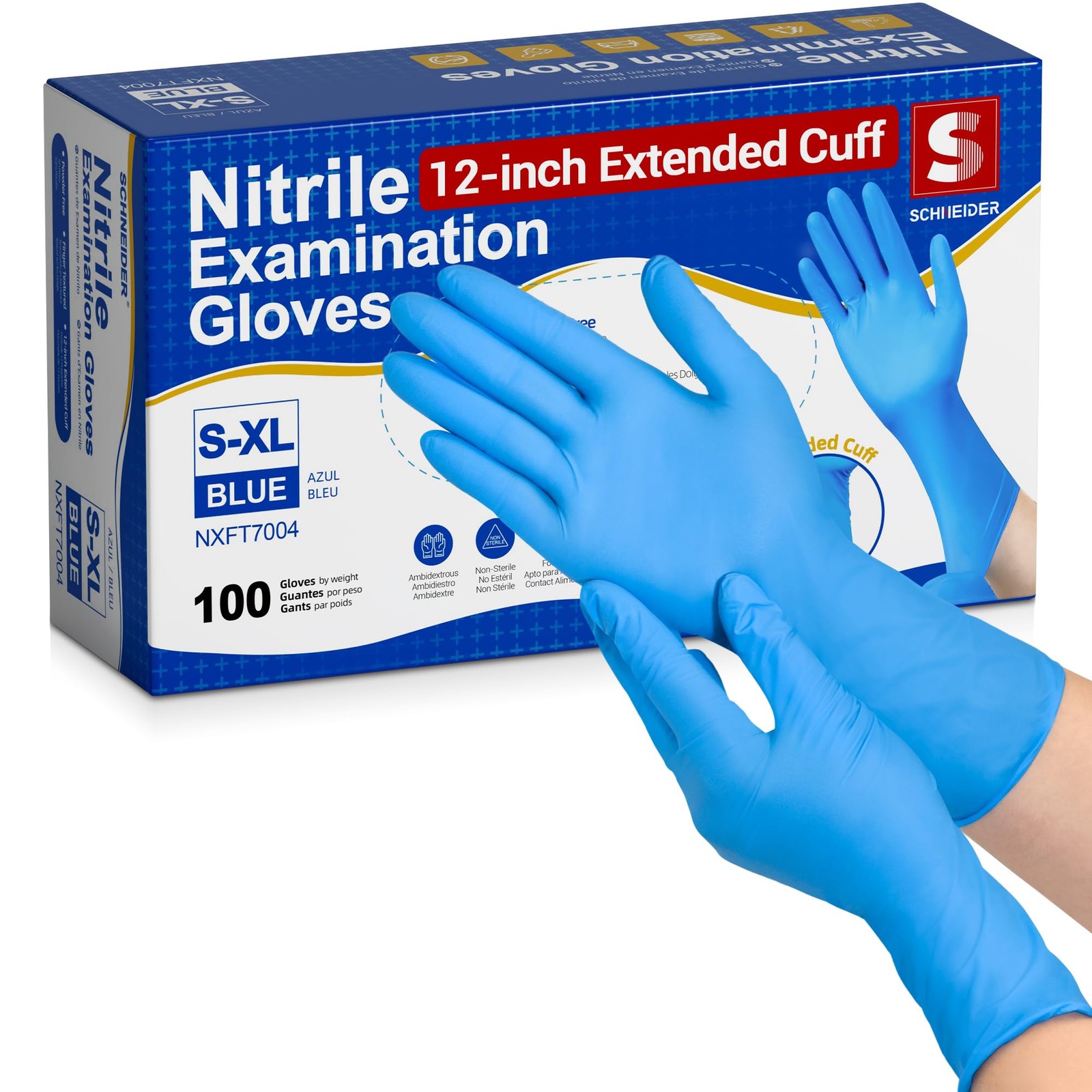 Schneider Nitrile Exam Gloves, Extended 12 Inches Cuff, Medium, Blue