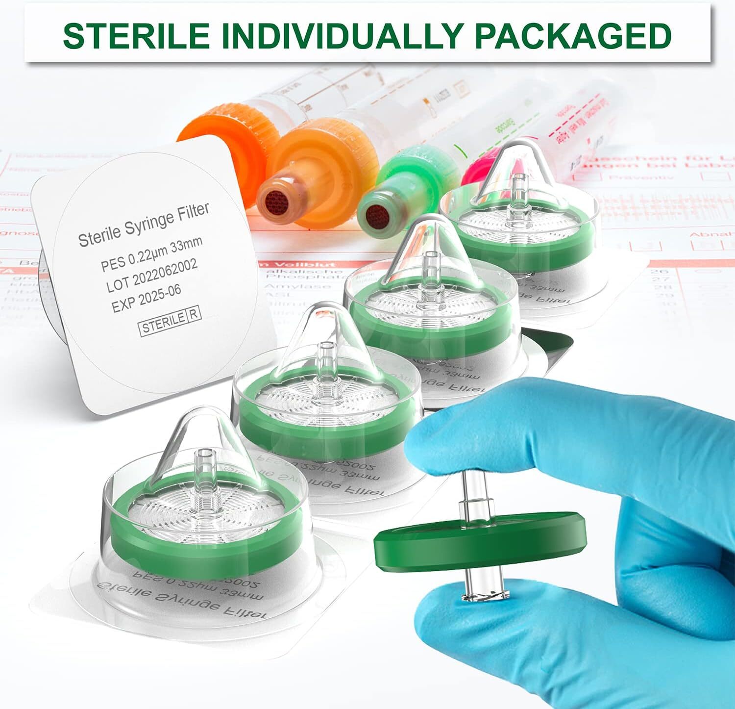 50 Pack Sterile Syringe Filter 33mm 0.22 Micron PES Membrane Hydrophilic Filter