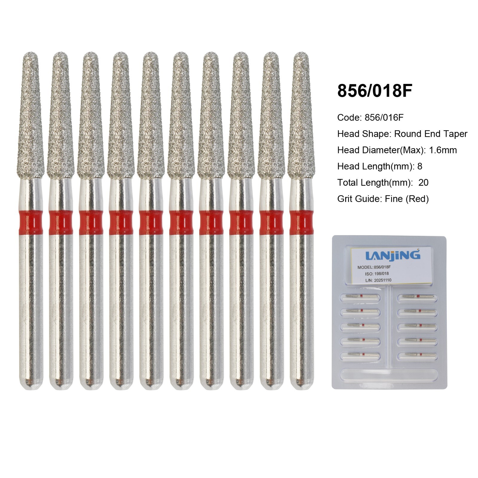 Dental Diamond Burs 856/018F Round End Taper Fine Grit Red FG High Speed