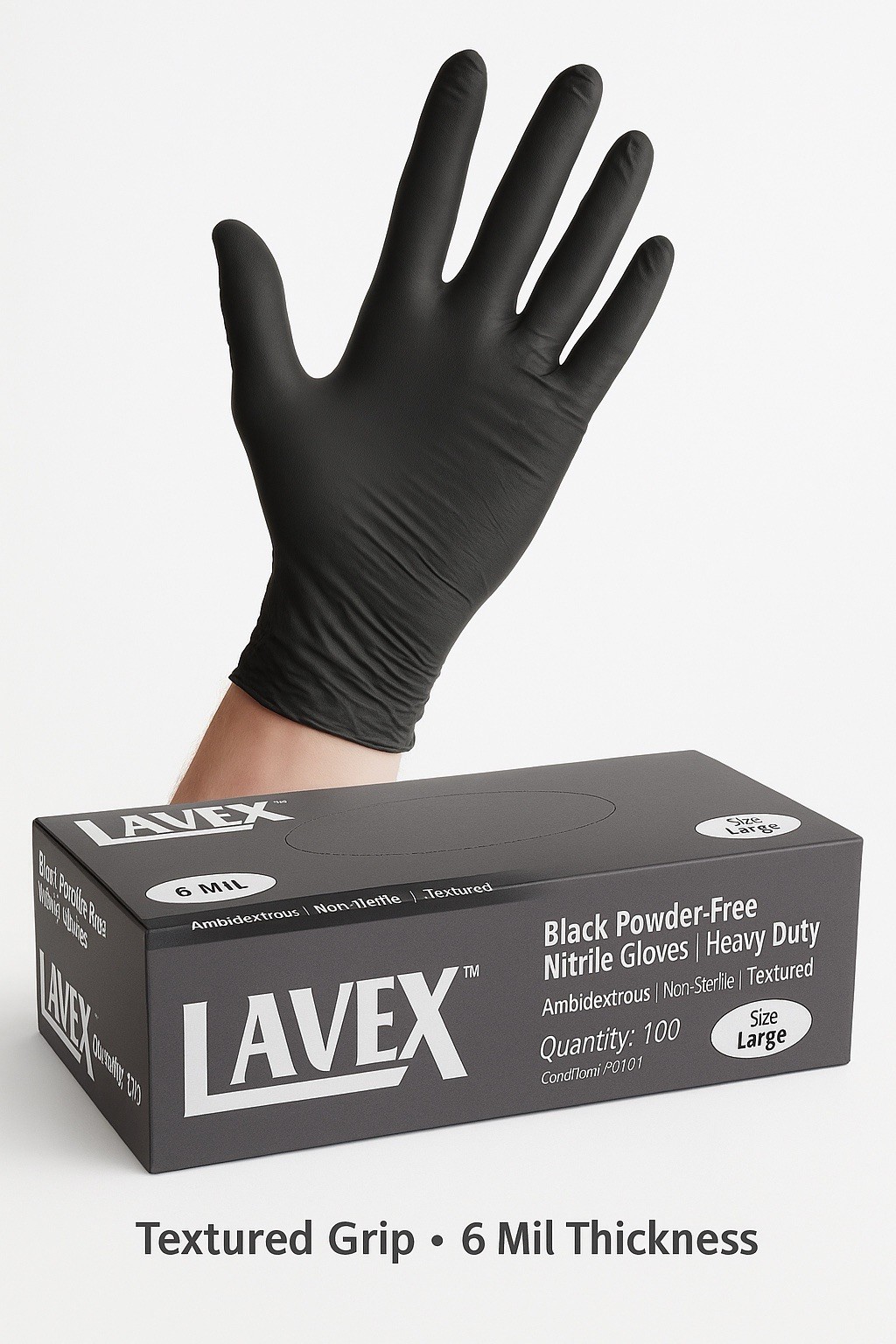 Lavex Pro 6 Mil Black Nitrile Gloves Large 100ct | Heavy-Duty Powder-Free
