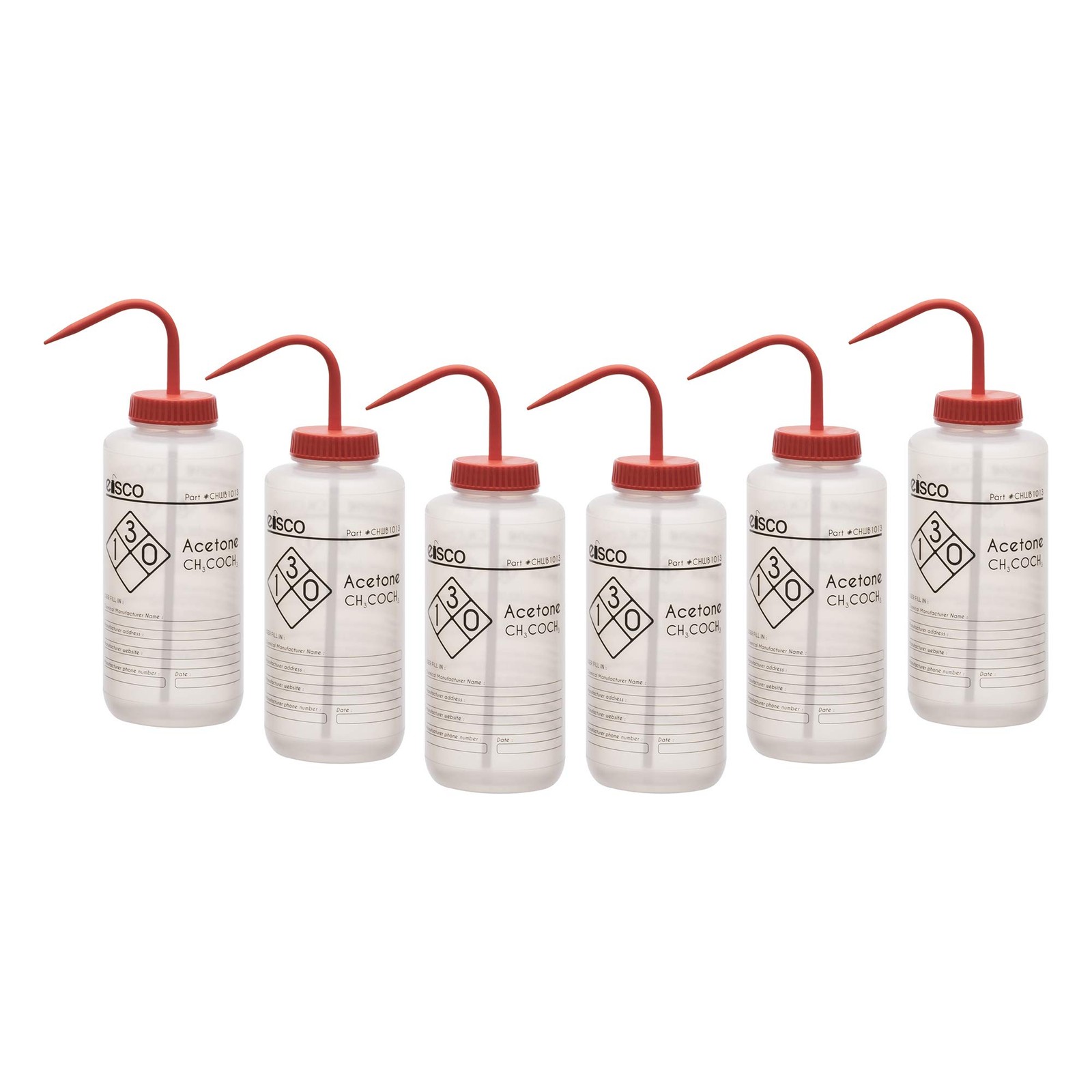 EISCO 6PK Wash Bottles for Acetone, 1000ml – Labeled with Chemical Informatio…