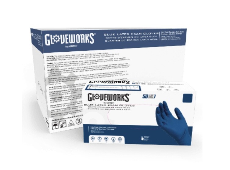 Gloveworks Blue Latex PF Exam Gloves – 13 mil – Case of 500