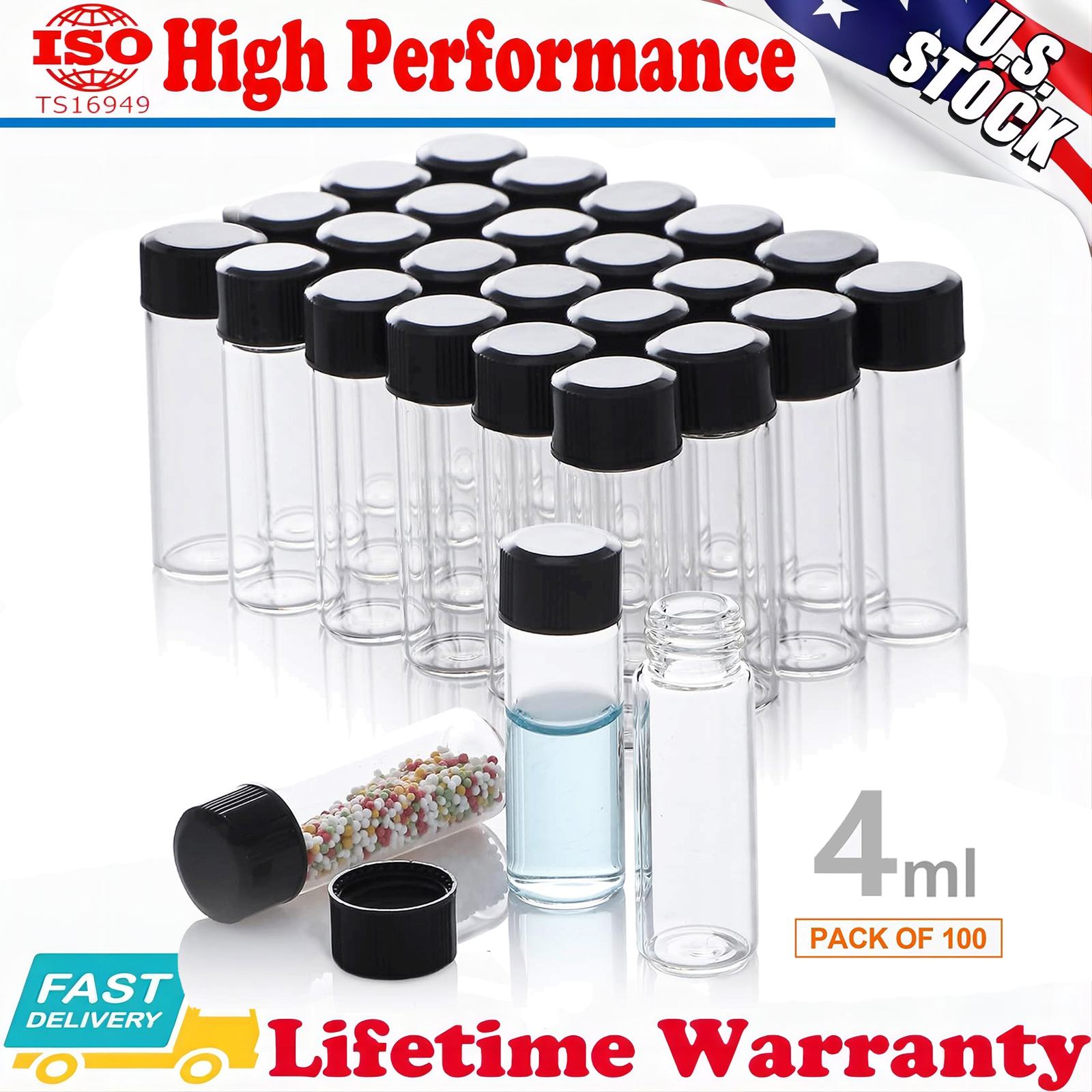 4ml Clear Glass Vials w/ Screw Caps and Plastic Stoppers 1 Dram Sample Vial 100x