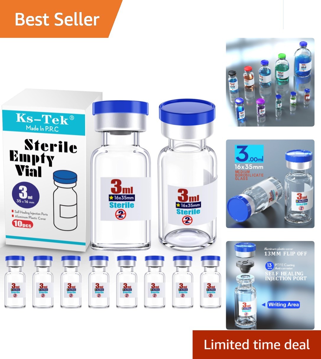 Sterile 3ml Glass Vials with Self Healing Port & Flip Off Aluminum Cap – 10 Pack