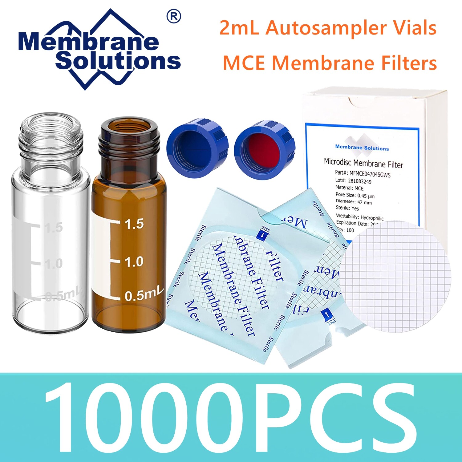 1000pcs 2mL Autosampler HPLC Vials Screw Caps & MCE Gridded Membrane Filters LAB