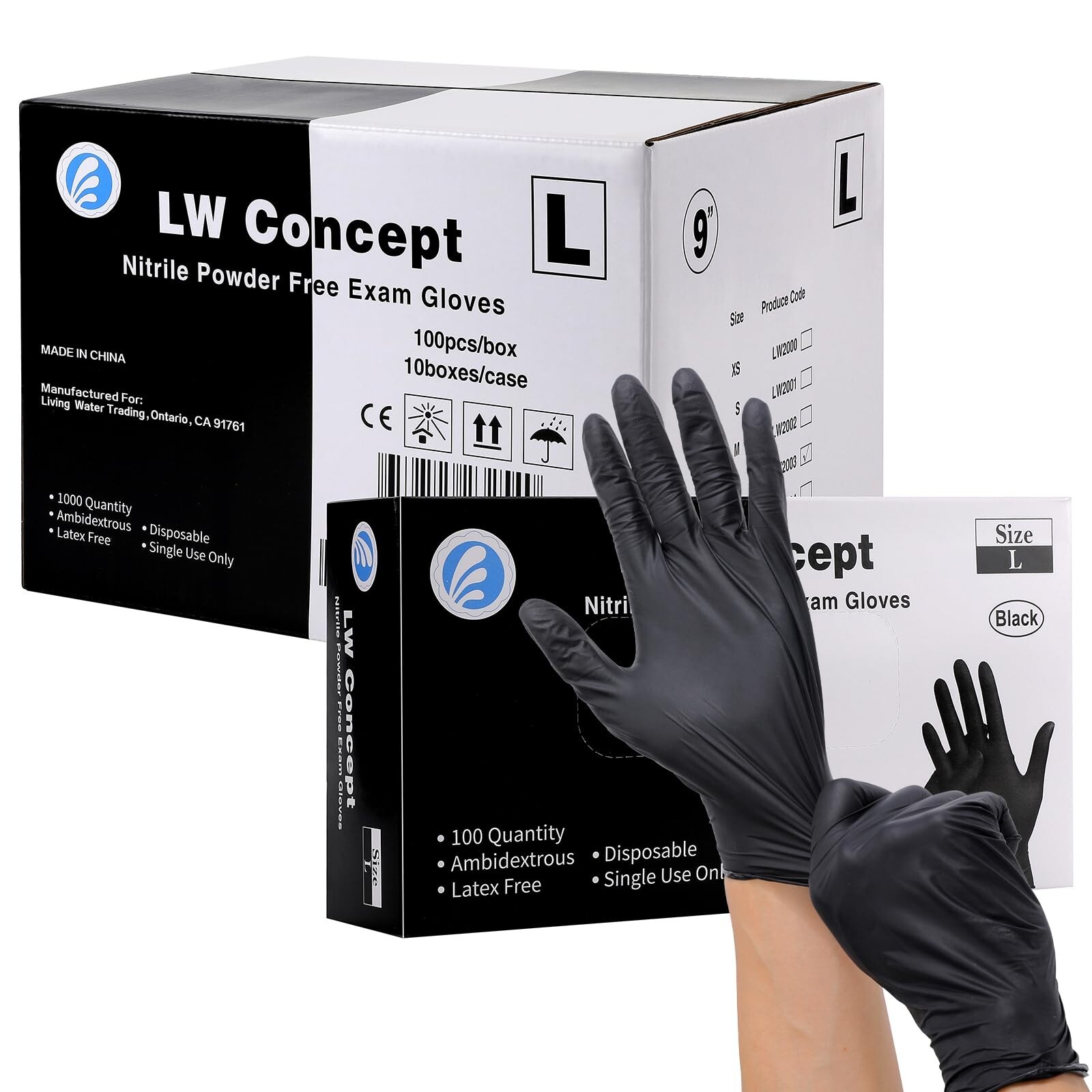 LW Concept Nitrile Powder Free Exam Gloves, Black, Size Medium, 100/Box