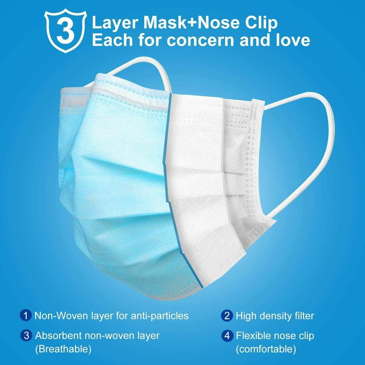 10/50/100 3 Ply Disposable Face Mask Protective Ear Loop Non Medical Mouth USA
