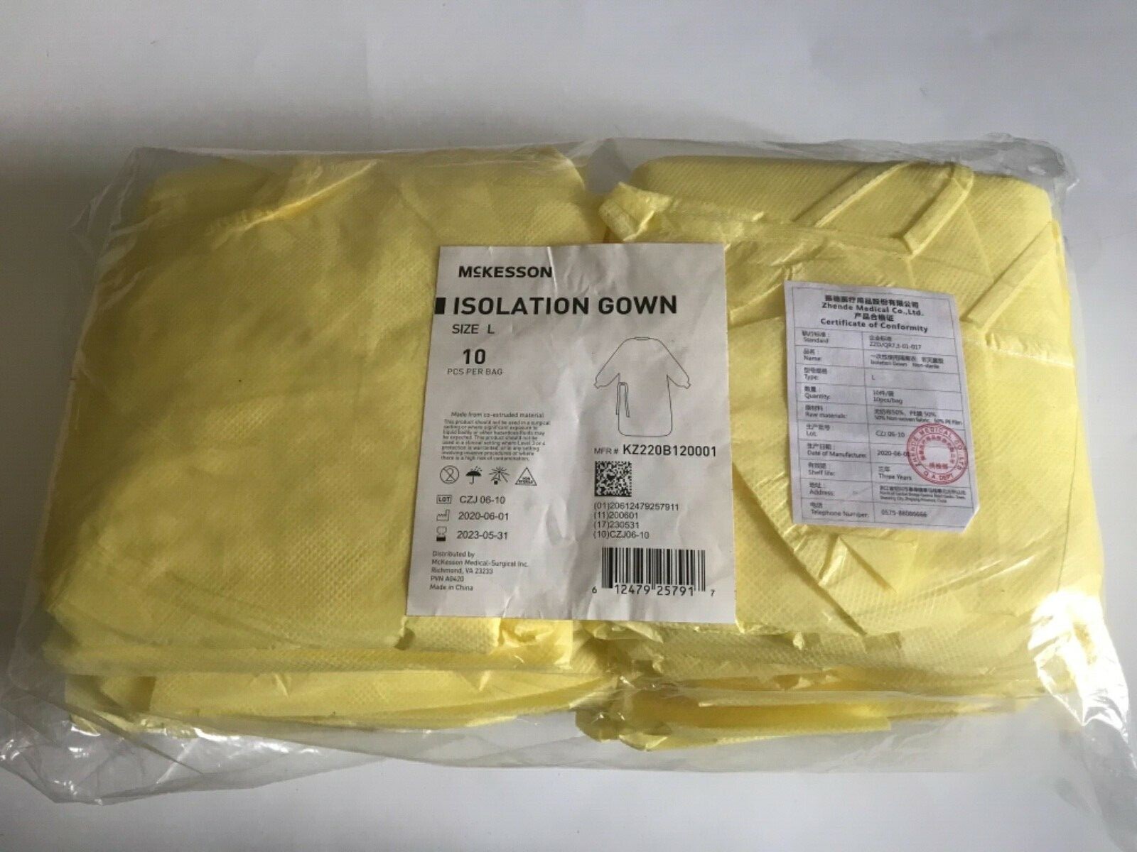 100 Count McKesson Yellow Isolation Gowns Elastic Cuff GSM 30 Size Large Exp2023