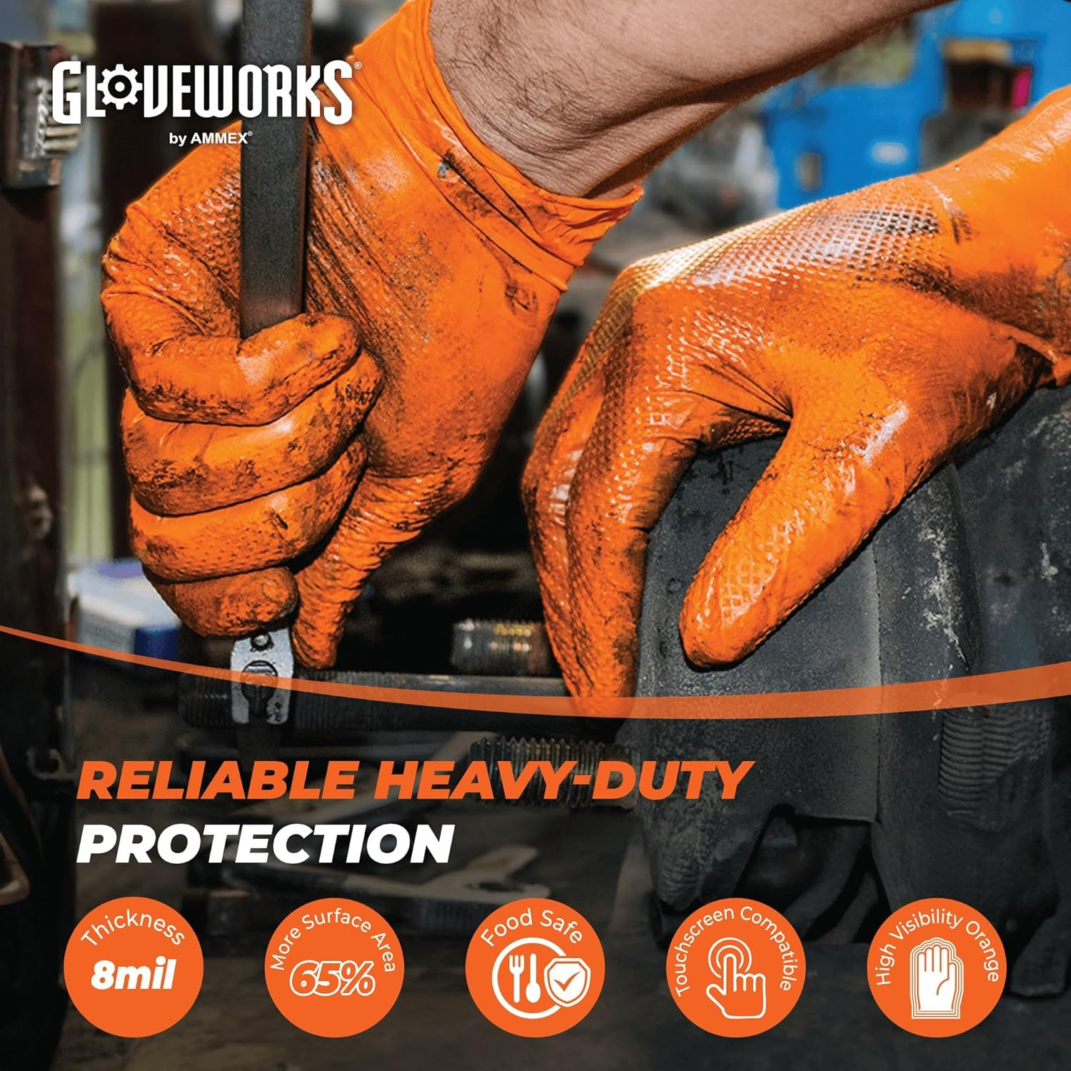 HD Orange Nitrile Disposable Gloves 8 Mil Raised Diamond Texture, 100