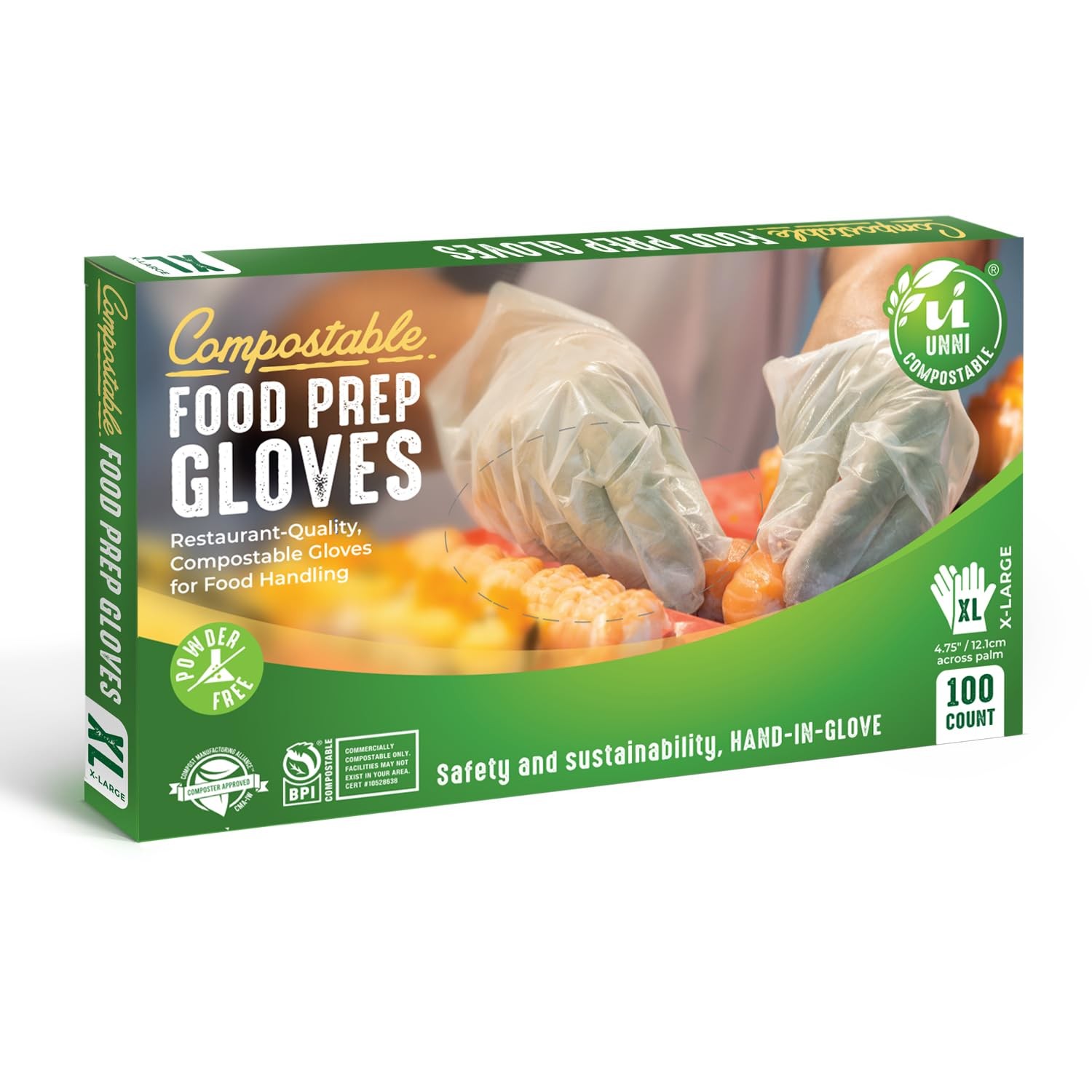 UNNI Compostable Food Prep Gloves, Large, 100 Count, Powder~Free