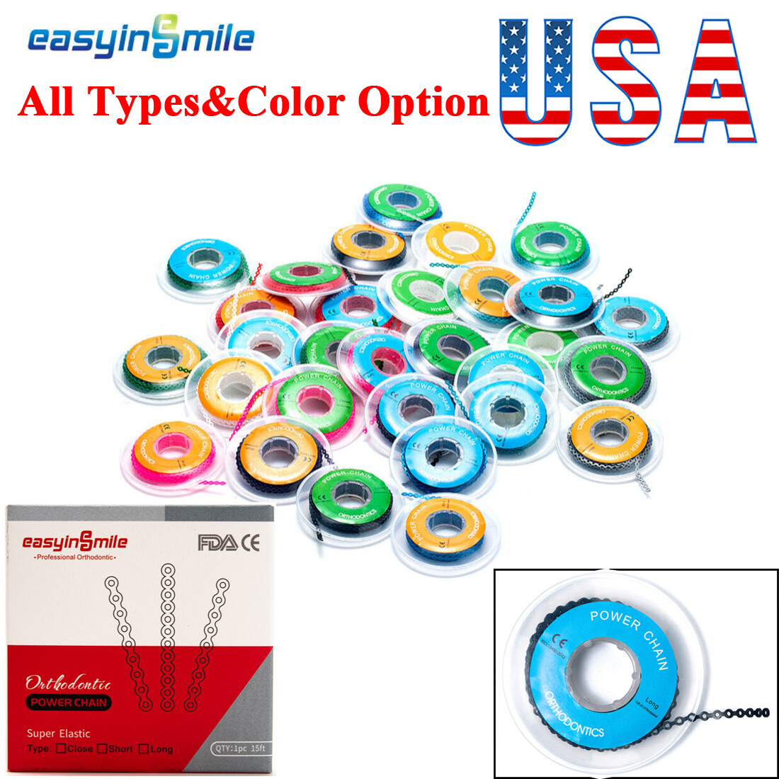 Dental Orthodontic Braces Rubber Chains Elastic Power Chains for Braces Assorted