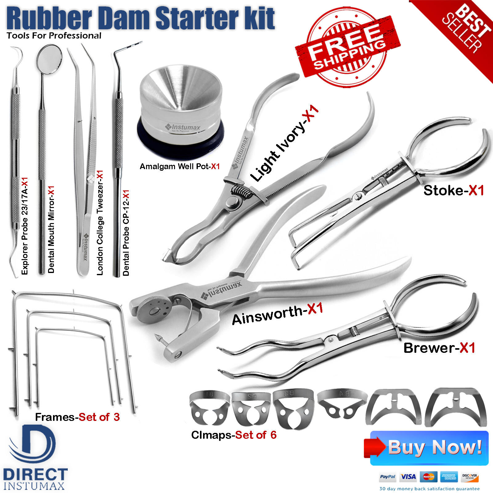 Dental Rubber Dam Kit Endodontic Restorative Clamps Scaler Brinker Forceps