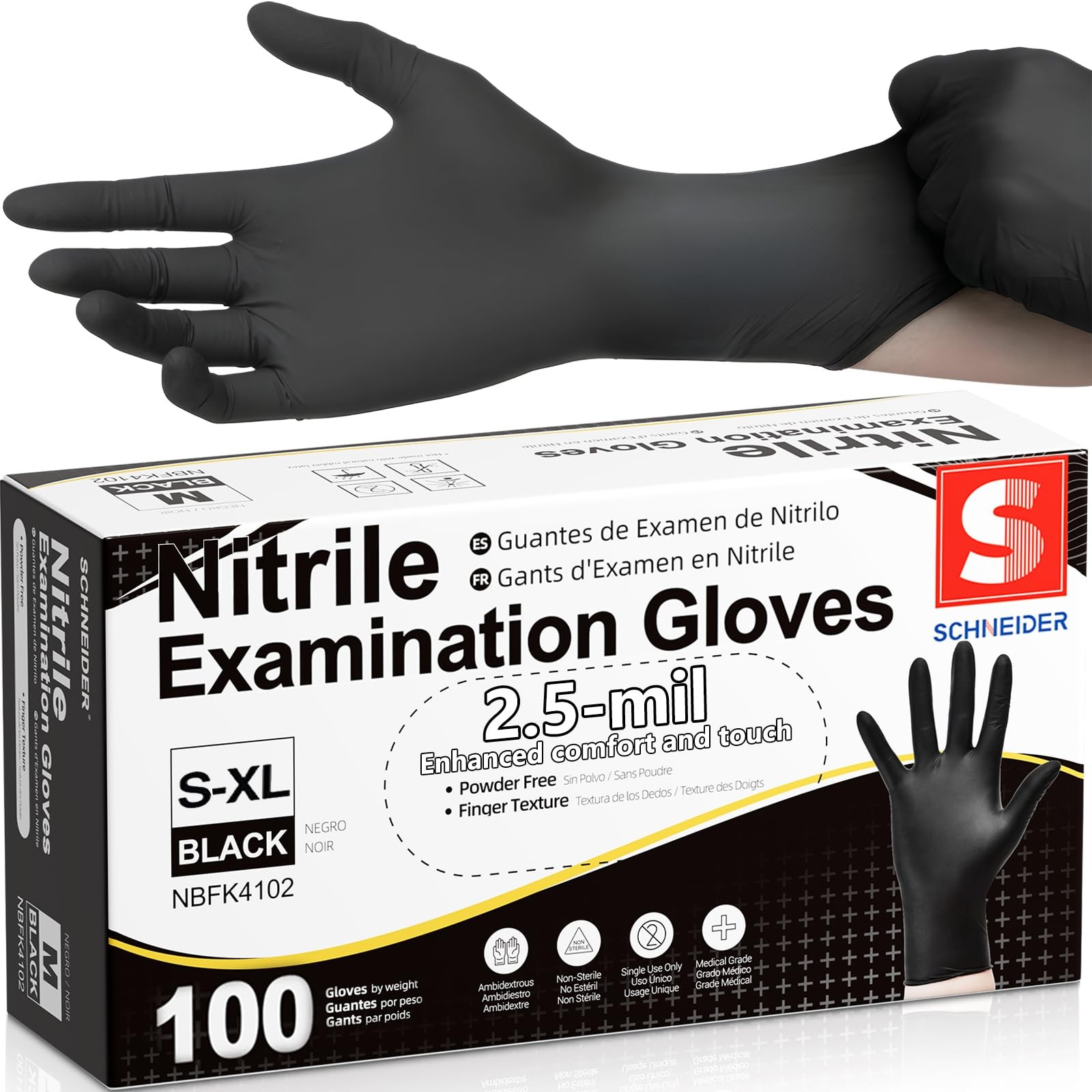 Schneider Black Nitrile Exam Gloves, Box of 100, Large, 03 Black(large 100)