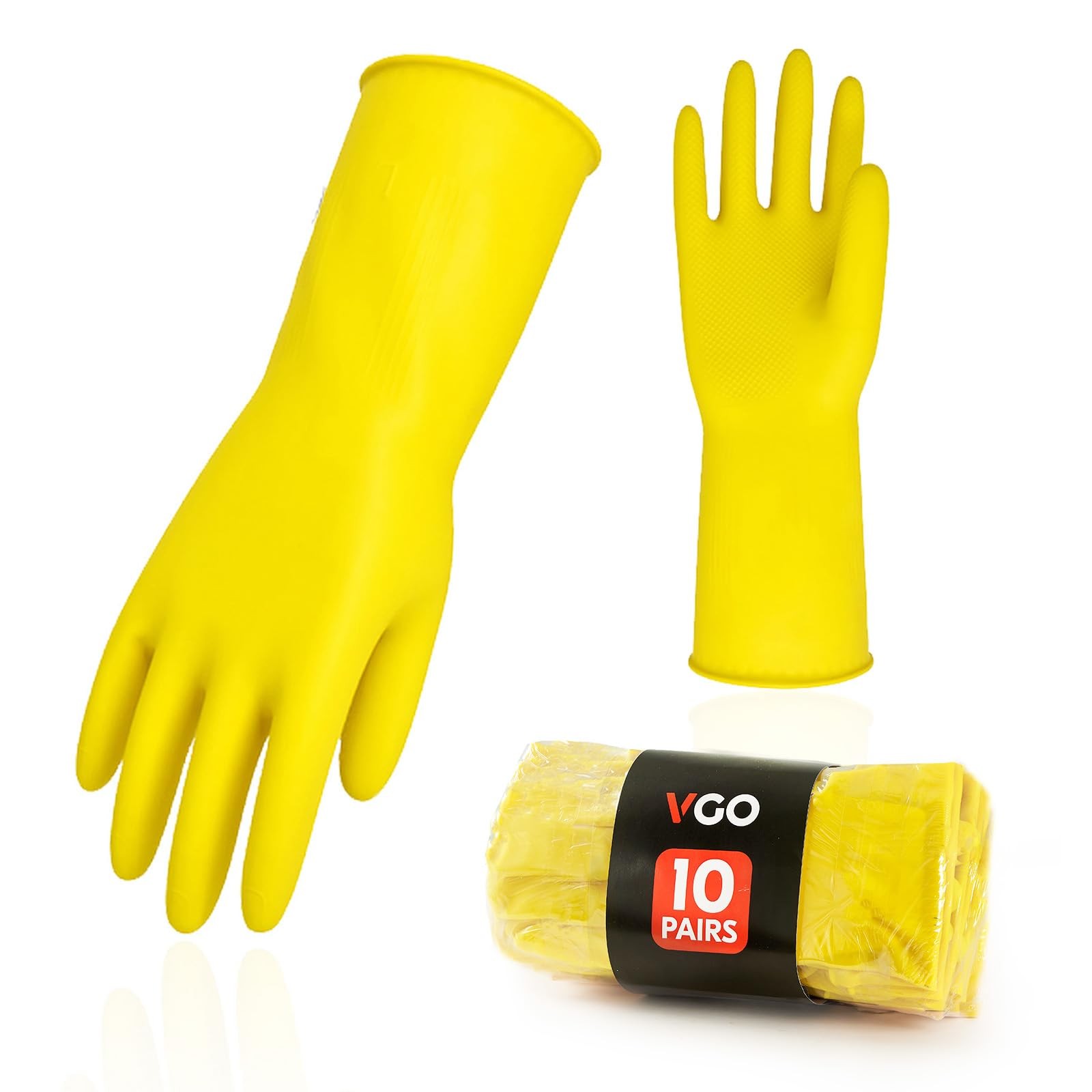 10~Pair Reusable Rubber Dishwashing Gloves, Extra Thick, Long Sleeve, Yellow, L