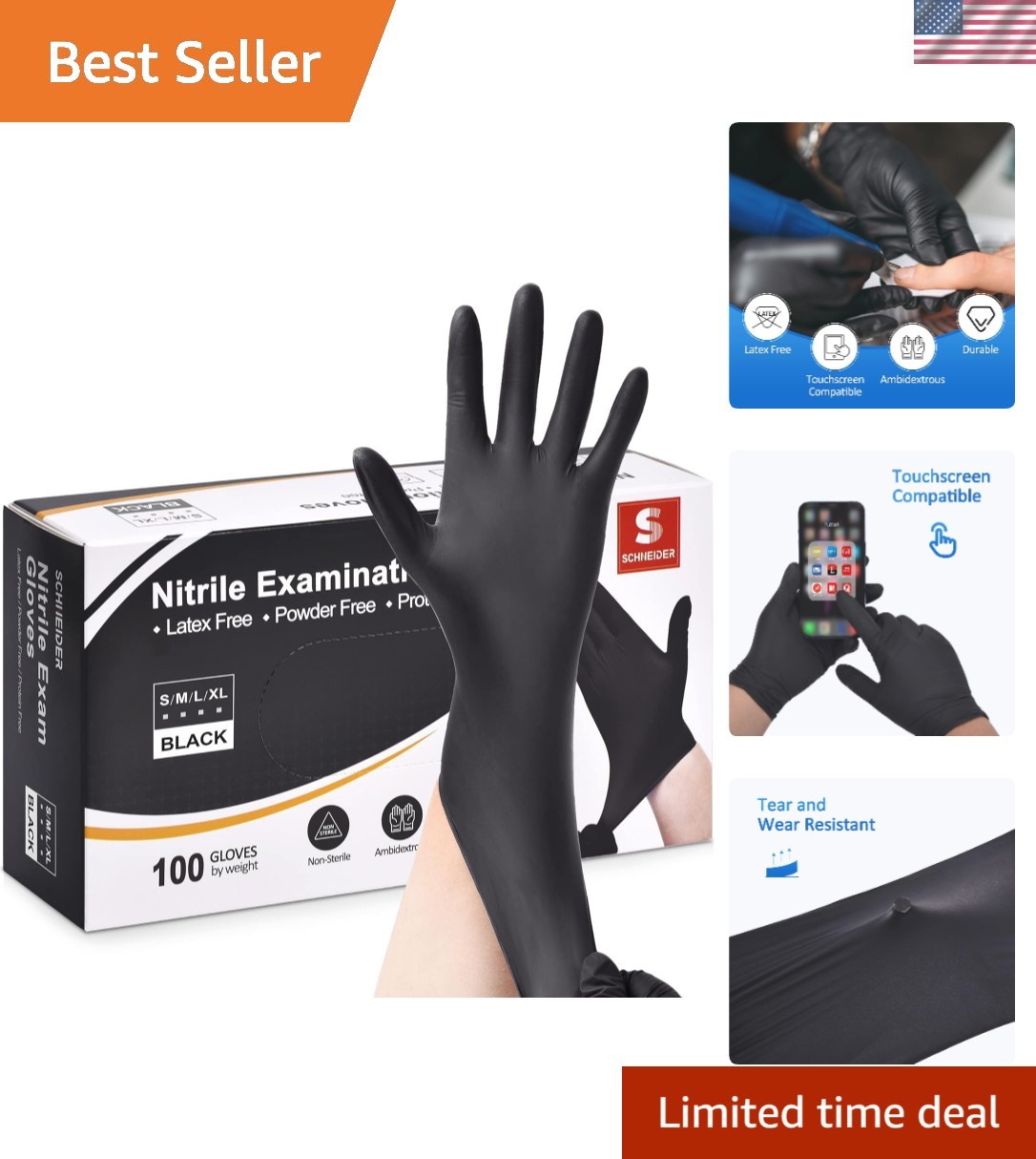 Versatile Black Nitrile Disposable Gloves, 100-Count Box, Food Safe, Waterproof