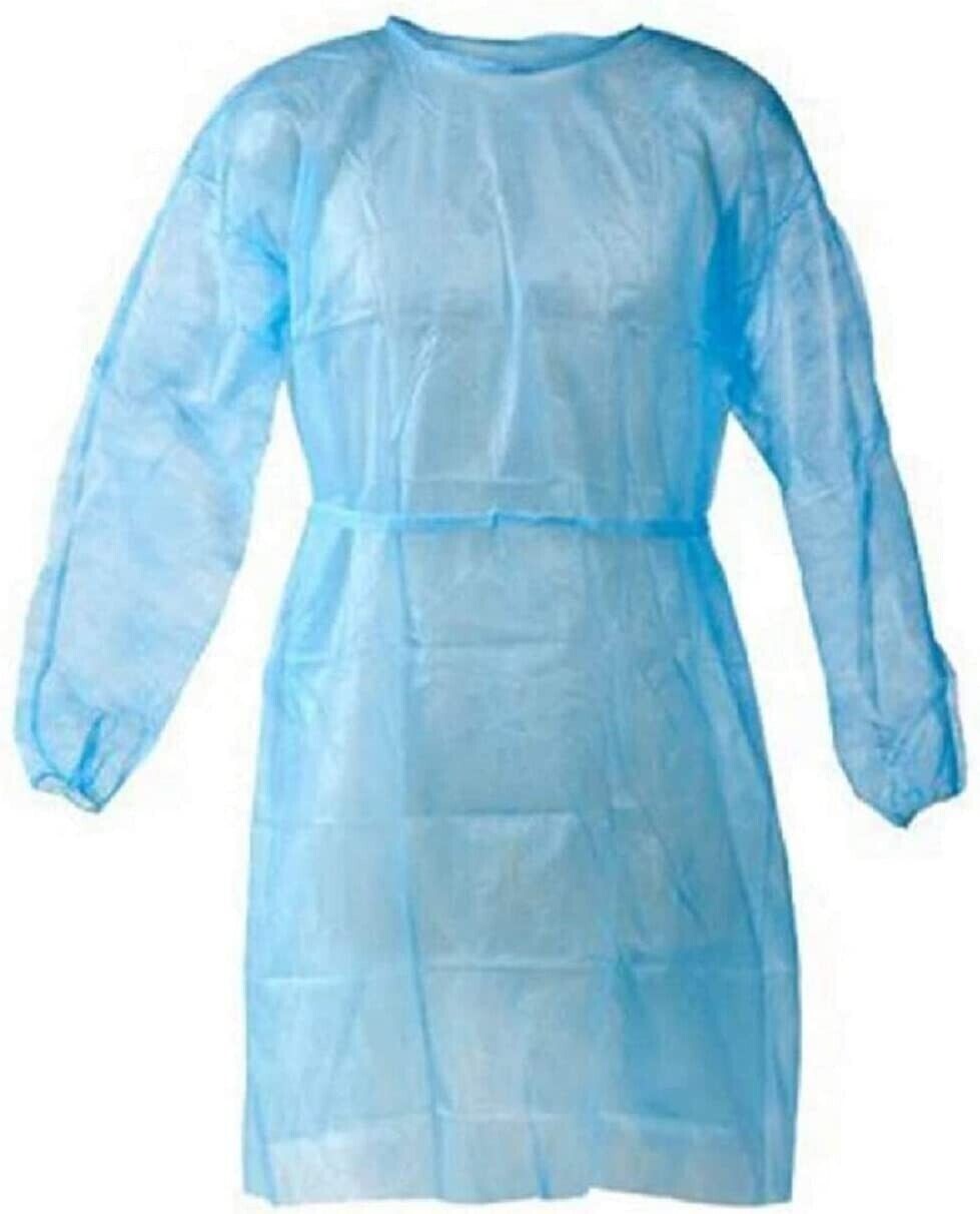 100 Pcs Disposable Blue Gown/ Elastic Cuff,Ties Back(neck+Waist)one Size fit All