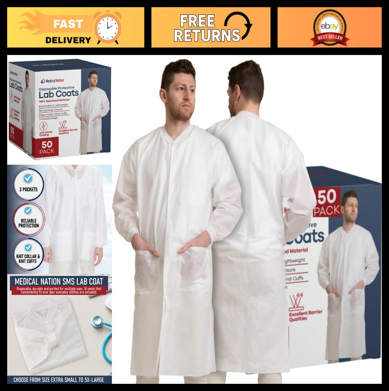50 Pack Disposable Lab Coats – Knee Length White with 3 Pockets, XL – Ideal for