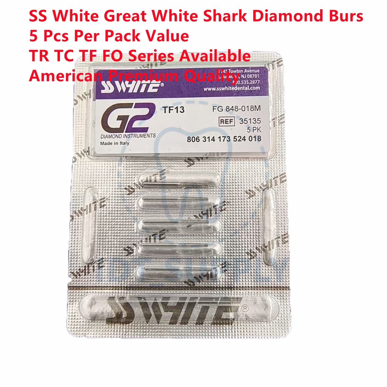 SS White Great White Shark Diamond Burs 5 Pcs TR TC TF FO Dental High Speed
