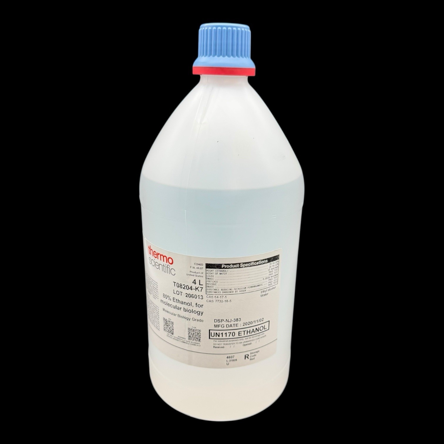 Thermo Scientific™ 80% Ethanol, T08204K7, Molecular Biology Grade, 4 Lit. Gal.