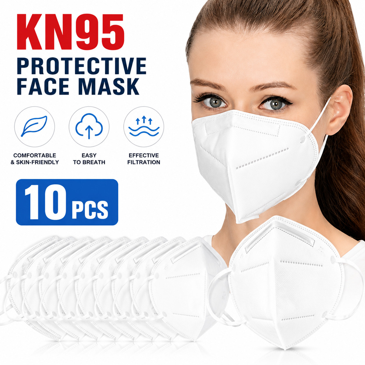 KN95 Protective Face Mask 5-Layer Disposable Respirator PM2.5 Adult White