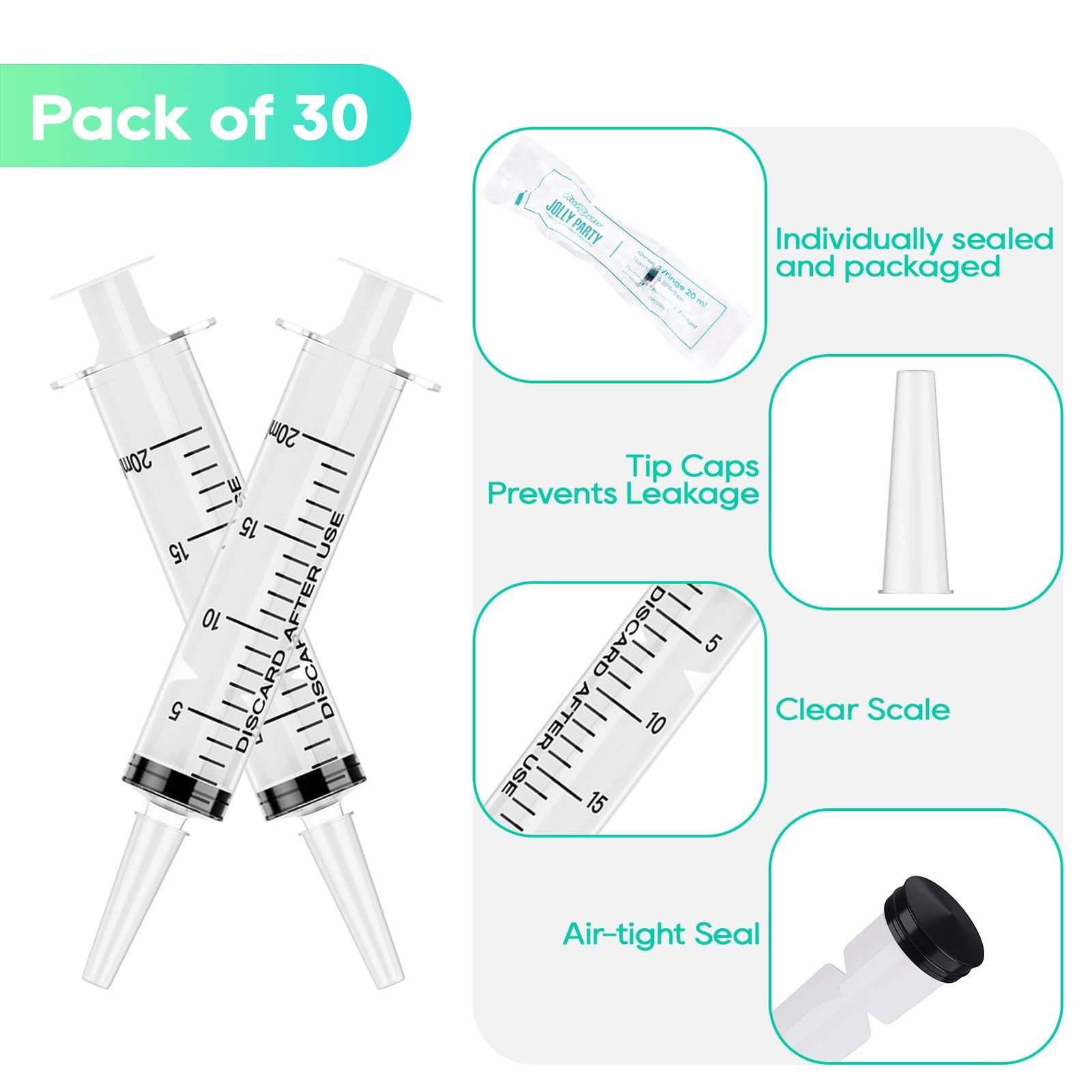 JOLLY PARTY 30 Pack 20mL Syringes, Plastic Syringes with Catheter Tip clear