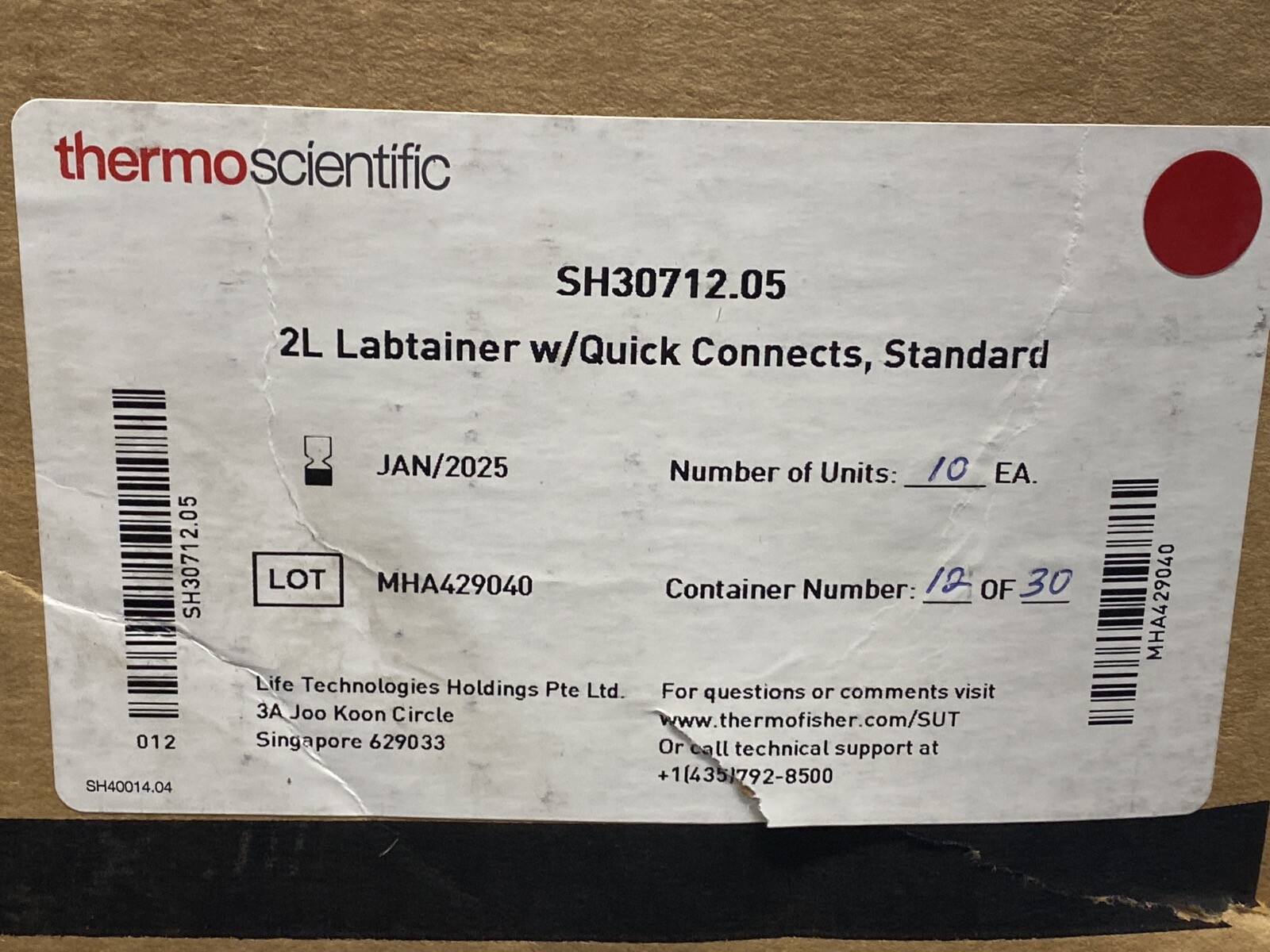 (10/Cs) THERMO 2L Labtainer BioProcess Container BPC 2D 3-Port MPC LL SH3071205