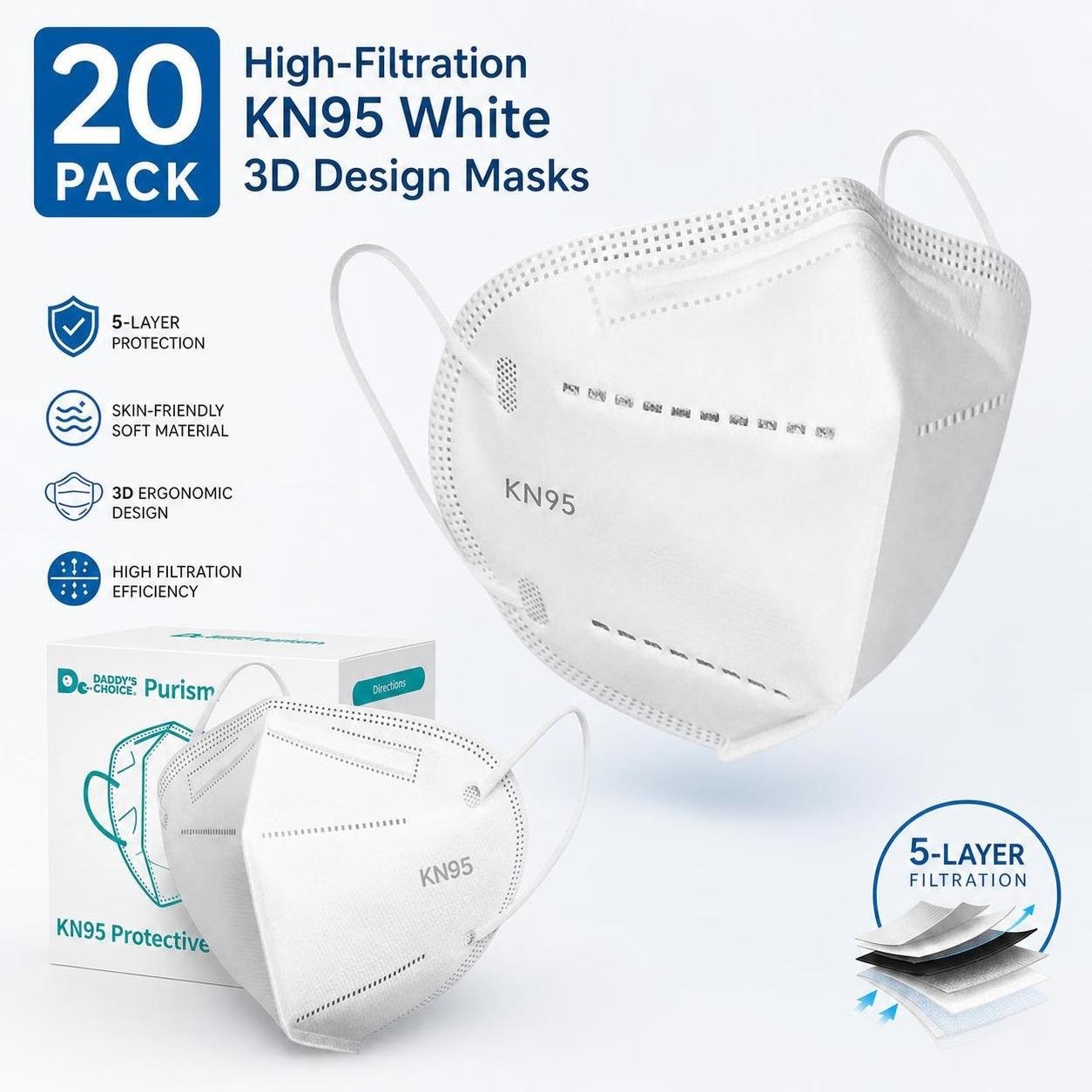 20 Pack High-Filtration KN95 White 3D Design Masks 5-Layer Skin-Friendly Soft