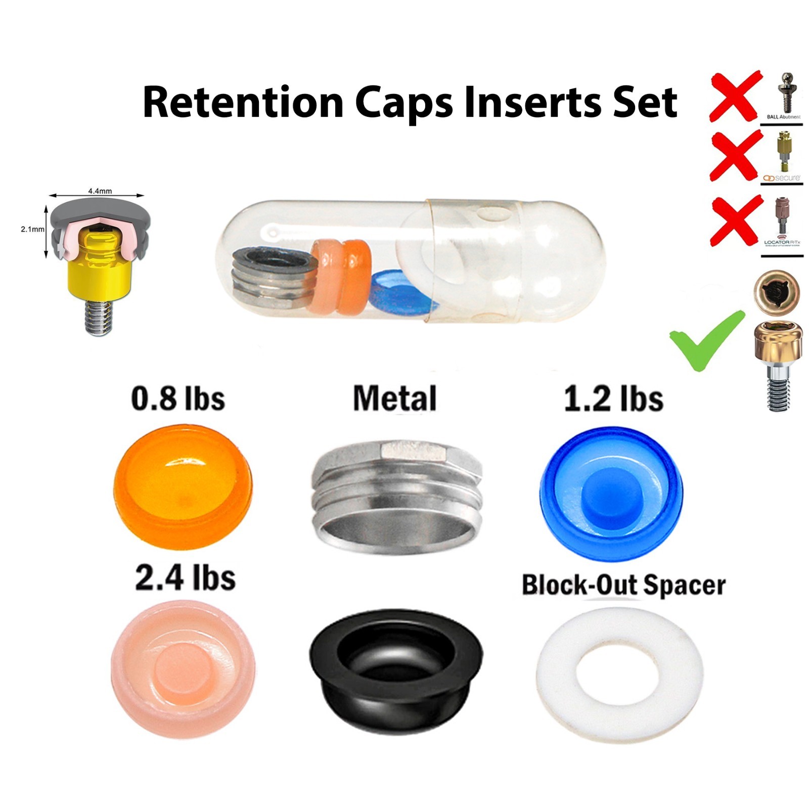 Dental Locator Overdenture Male Cap Kit Novaloc Peek Retention Cap Inserts Tool
