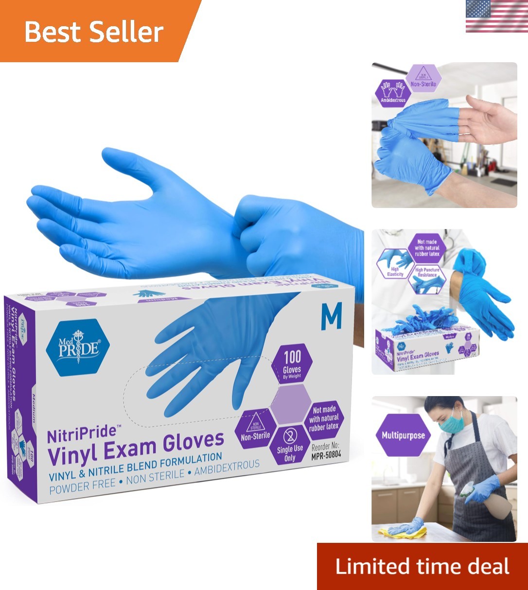 Medium Blue Nitrile/Vinyl Exam Gloves – Powder-Free & Latex-Free, Box of 100
