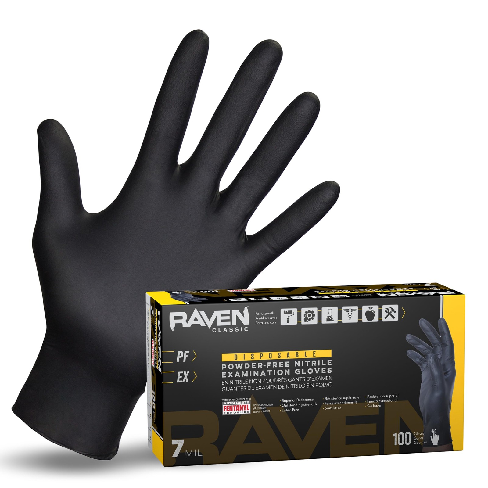 Raven SAS66518 Safety Powder Free Examination Black Nitrile Gloves – 7 Mil Large